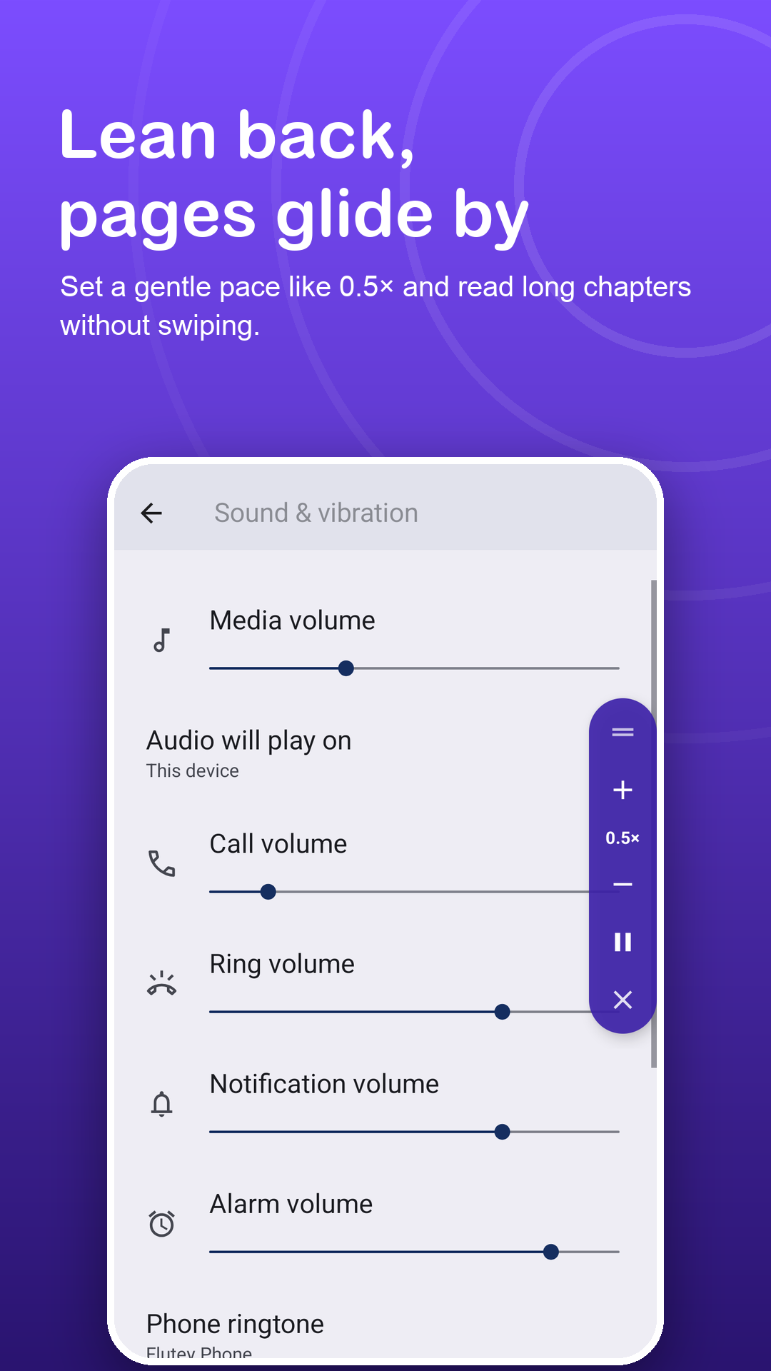 Floating panel at 0.5× gently scrolling a page