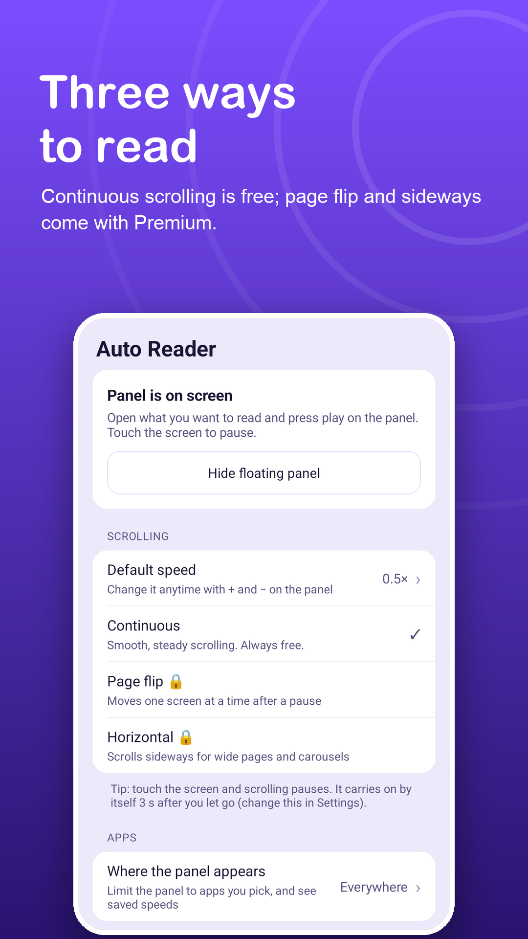 Scroll modes: continuous, page flip and horizontal