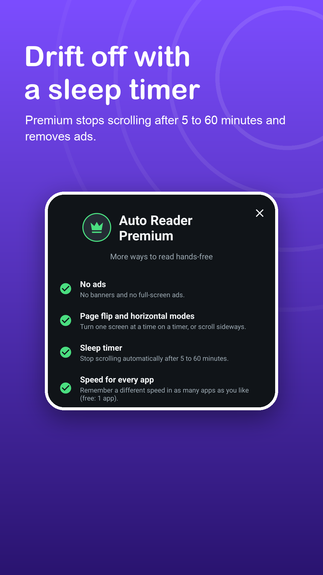 Premium features including the sleep timer from 5 to 60 minutes