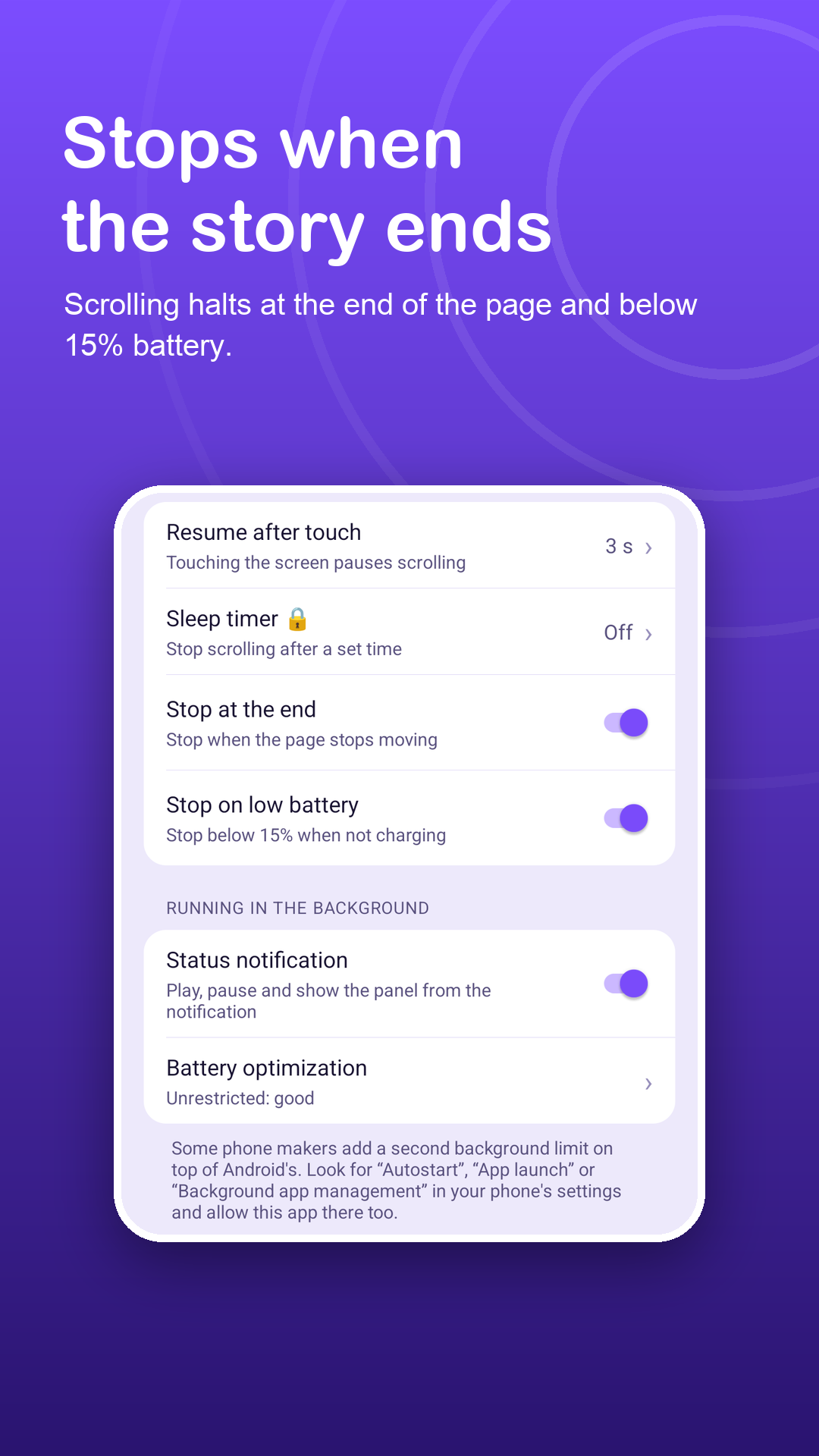 Settings to stop at the end of the page and on low battery