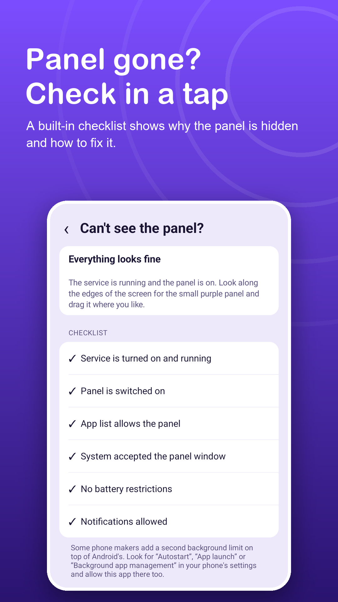 Checklist that explains why the panel is not showing